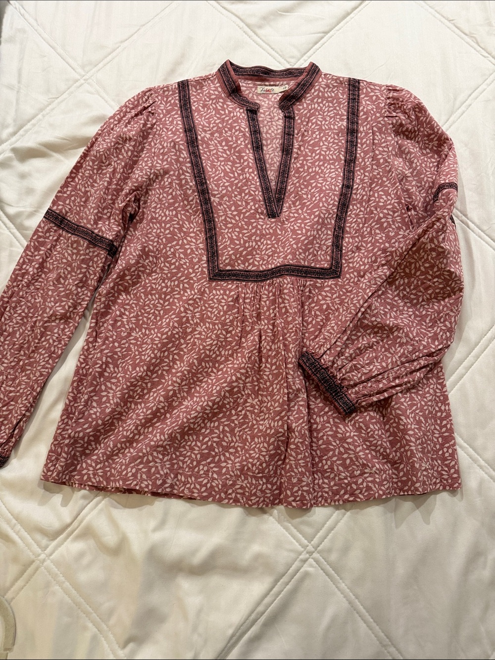 Faherty Rose Pink Leaf-Print Split-Neck Tunic